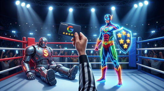 En match mellan betalda recensionssajter och gratis Google recensioner företag, där Google vinner matchen med hjälp av Smartblipp.