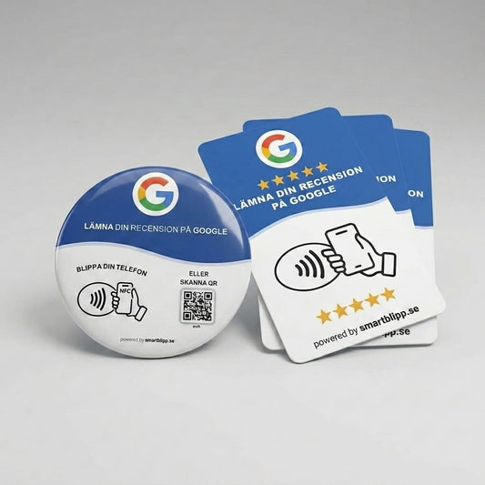 3 Google Recensionskort + 3 Recensionsklistermärken – NFC & QR-kod Bundle