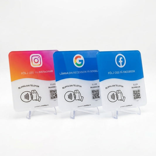 Facebook + Instagram Skyltar + Google Recensionsskylt Bundle – NFC & QR-kod