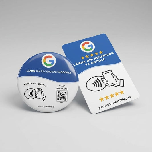 Google Recensionskort + Recensionsklistermärke – NFC & QR-kod Bundle