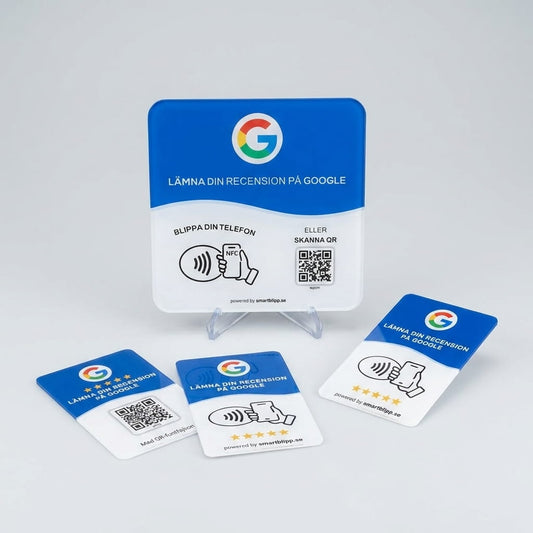 Google Recensionsskylt + 3 Recensionskort – NFC & QR-kod Bundle