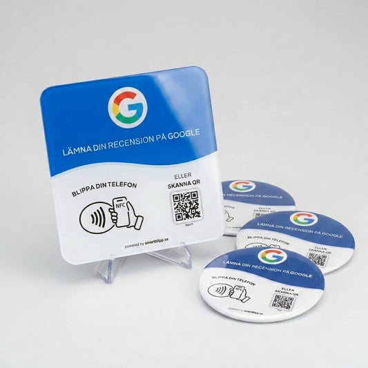 Google Skylt + 3 Klistermärken Bundle – NFC & QR