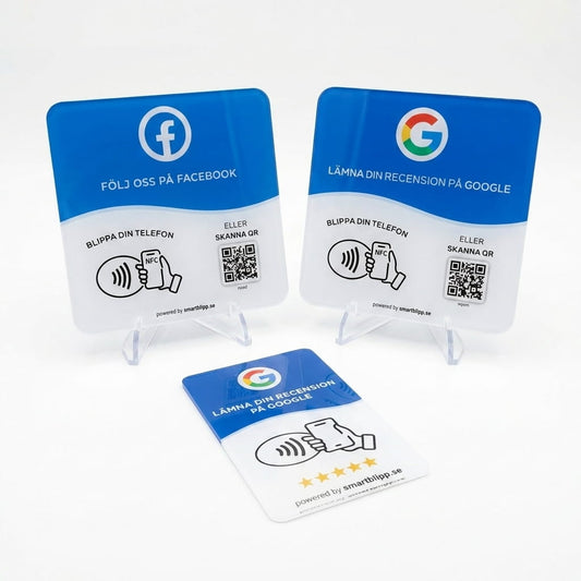 Google + Facebook Skyltar + Google Recensionskort Bundle – NFC & QR-kod