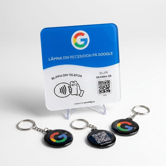 Google Recensionsskylt + 3 Recensionsnyckelringar – NFC & QR-kod Bundle