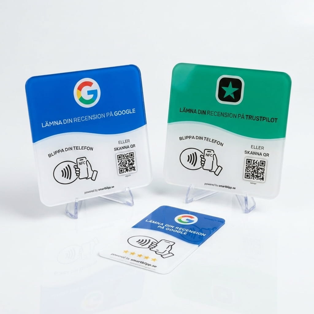 Google + Trustpilot Skyltar + Google Recensionskort Bundle – NFC & QR - kod - SmartBlipp